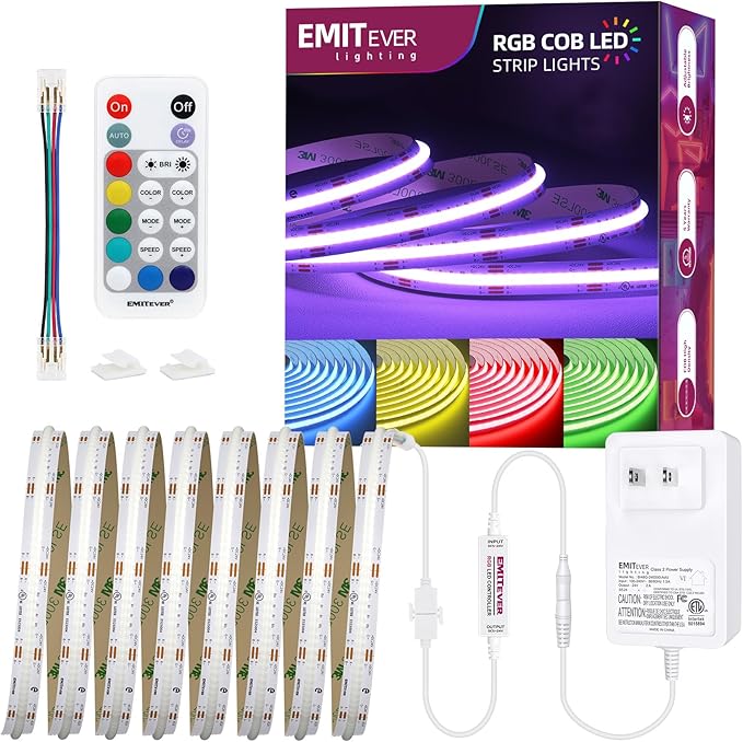 EMITEVER RGB LED Strip Light 16.4ft, Dimmable COB 24V Flexible LED Color Changing Tape Light Kit with Remote, High Density 3150LEDs for TV Backlight, Bedroom, Bar, Party Christmas Decoration