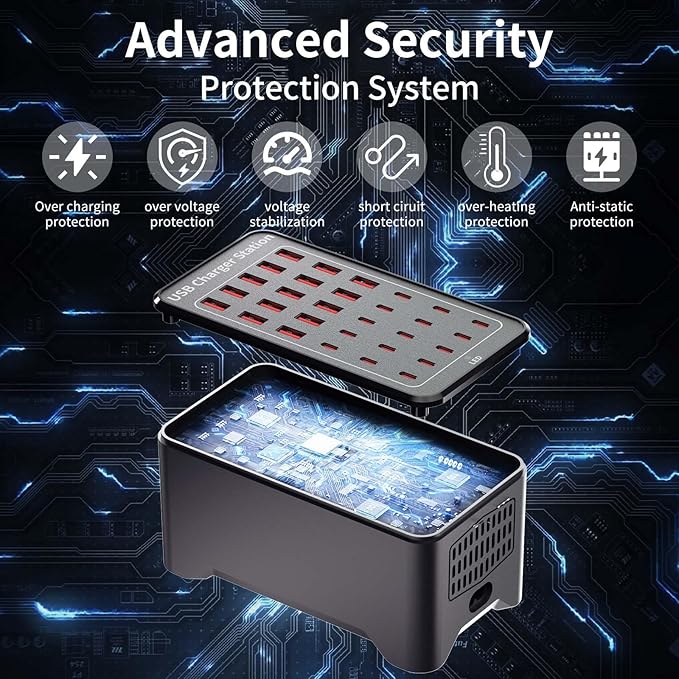 150W(30A) USB Charging Station, 30-Port USB C Charger Block, Multiple Desktop/Wall Fast Charger with Intelligent Protection Compatible with iPhone, iPad, Tablets, Smartphones