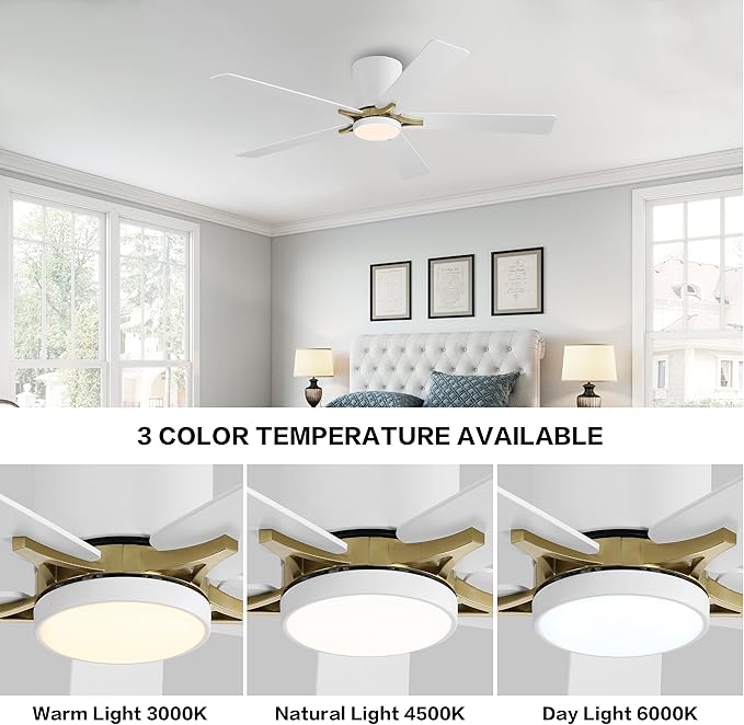 WINGBO 48" DC Flush Mount Ceiling Fan with Lights, 5 Plywood Blades, 6-Speed Reversible DC Motor, 3CCT, Low Profile Hugger Ceiling Fan for Living Room Bedroom Kitchen, White and Brass