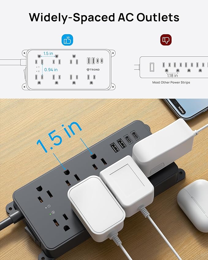 TROND Power Strip Surge Protector 10ft, ETL Listed, Flat Plug Extension Cord with 2 USB-A & 2 USB-C, Wall Mountable, 7 Widely-Spaced Outlets, 1700J, for Home Office Garage, Black