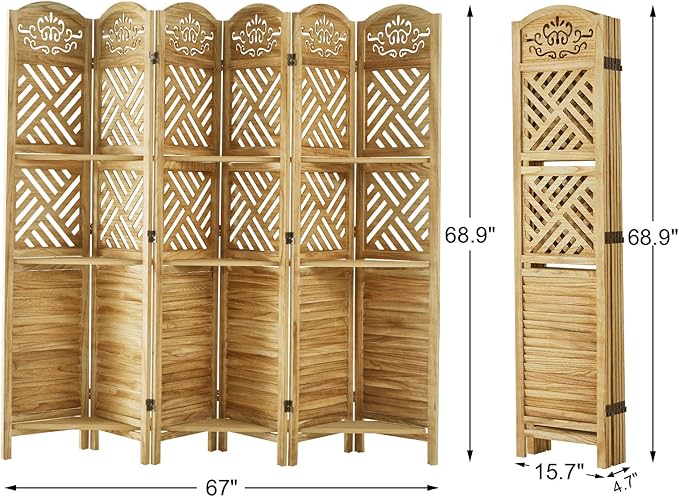 Svimi Room Divider with Shelves, 68.9inch Wood Carved and Louvered Wall Divider Freestanding, 6 Panels Folding Partition Screen for Bedroom Home Office (Natural)
