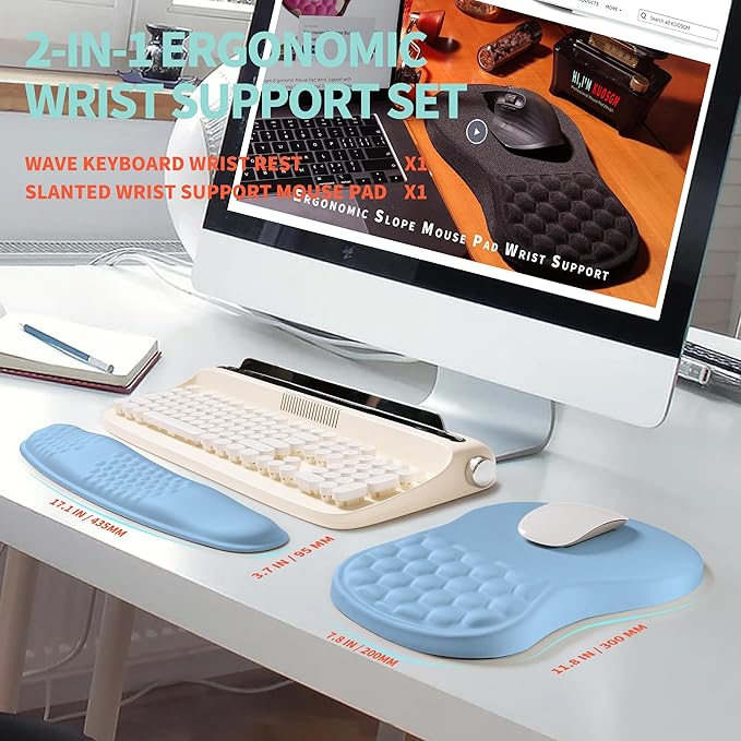KUOSGM 2-in-1 Ergonomic Set, Wave Rise Keyboard Wrist Rest and Massage Bulge Slope Mouse Pad Wrist Support, Cushion Memory Foam Integrated to Relieve Wrist Pain, Lake Blue