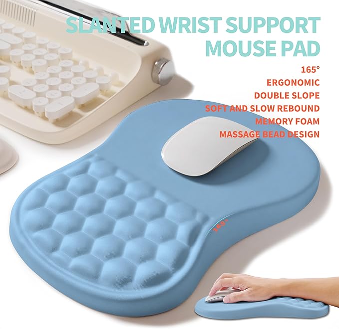 KUOSGM 2-in-1 Ergonomic Set, Wave Rise Keyboard Wrist Rest and Massage Bulge Slope Mouse Pad Wrist Support, Cushion Memory Foam Integrated to Relieve Wrist Pain, Lake Blue