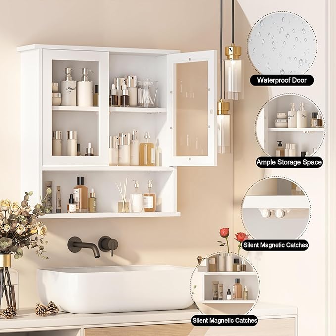 Modern Hanging Bathroom Cabinet, Sturdy Wooden Medicine Cabinet with Buffering Hinge & Anti-Scratch Door, Space-Saving Wall Mounted Over Toilet (Acrylic-Insert Panel Door)