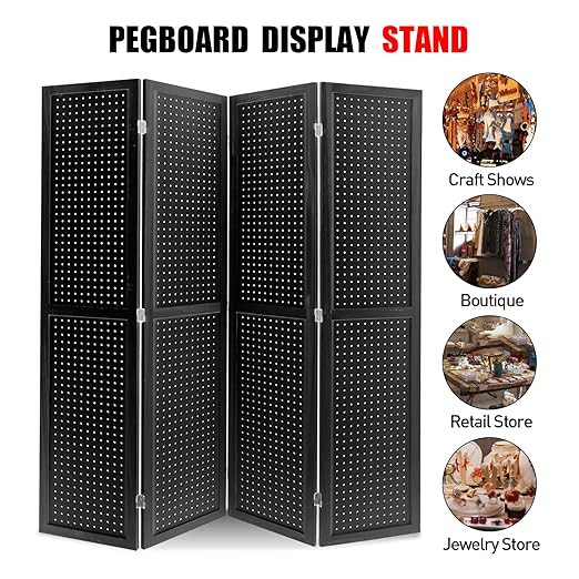 Babion 4 Panel Pegboard Display, Peg Board Room Divider Freestanding Folding Privacy Screens Display Stand for Craft Shows (Black)