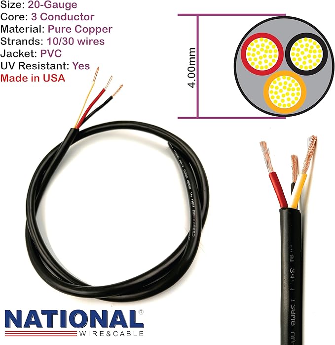 NATIONAL Wire & Cable – 20 AWG 3-Conductor Premium Copper Wire, 1000 ft, Stranded | Made in USA, Flexible Jacket | Electronics, Controls, DIY Wiring, Indoor and Outdoor Use
