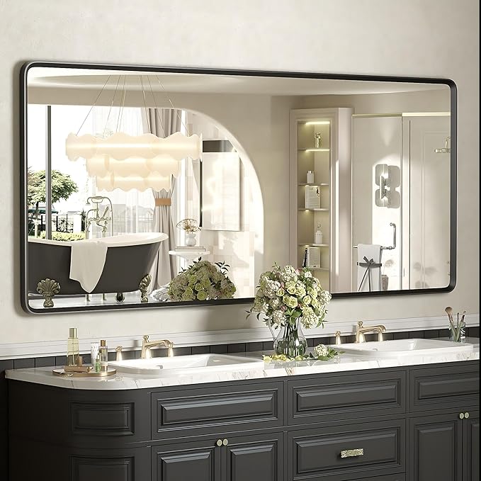 60x28 Black Matte Bathroom Mirror, Large Matte Black Bathroom Vanity Mirror for Wall, Rounded Rectangle Mirror, Anti-Rust, Shatterproof (Horizontal/Vertical)