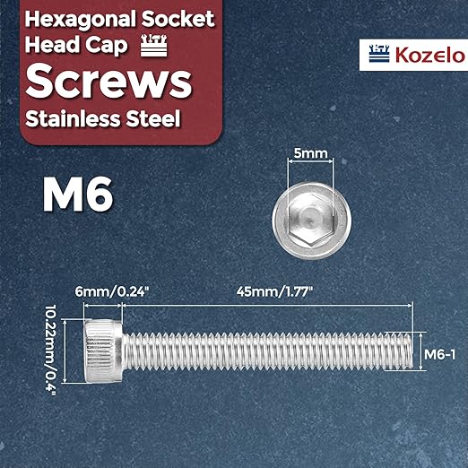 Kozelo 10pcs Socket Head Cap Screws - [M6-1 x 45mm] 304 Stainless Steel Allen Socket Drive for Electrical Motor 3D Printing Fan Engine Replacement Use, Silver