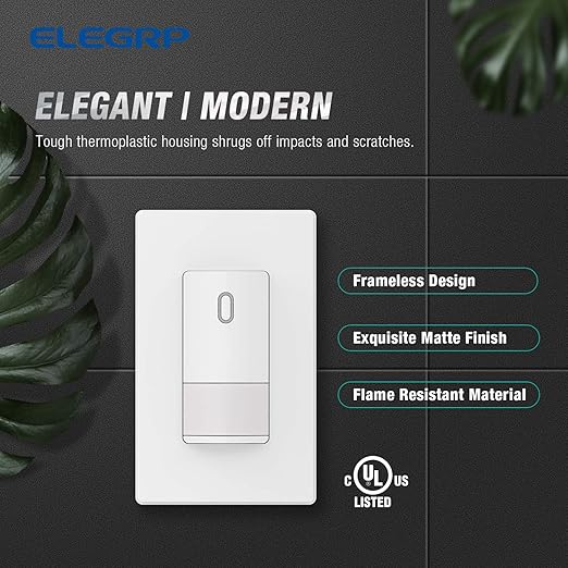 ELEGRP Single Pole Occupancy Motion Sensor Light Switch, Need Grounding Wire No Neutral Wire, 120° Sensor Coverage PIR Infrared Motion Activated, for CFL/LED/Incandescent Bulb, UL,1 Pack, Matte White