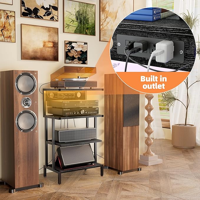 Aquzee Game Console Shelf, 4-Tier Video Gaming Consoles Stand with Outlet & RGB Light, Small Media Entertainment Center for Audio Stereo Storage Organizer Playroom Furniture, Stereo Stands and Racks