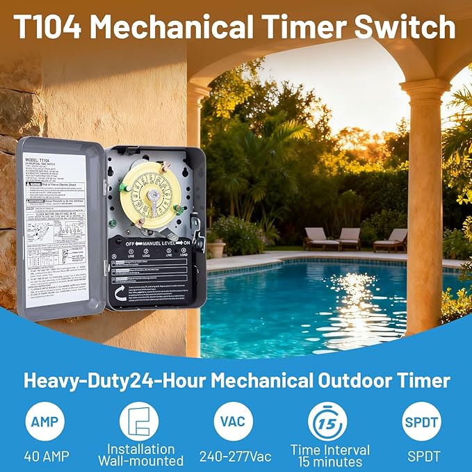 T104 Mechanical Time Switch, 208-277V AC 40A DPST, 24-Hour Dial with 12 ON/Off Trips, Heavy-Duty Timer Switch for Pool Pumps Water Heater Lighting and HVAC, with 4 Timer Trippers