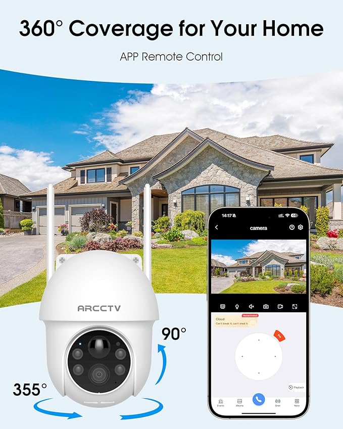 ARCCTV Solar Security Cameras Wireless Outdoor, 4MP 360° View Battery Powered Outdoor Camera, Night Vision with Spotlight, 2-Way Audio, PIR Motion Sensor, 2.4G/5G Dual Band WiFi (2 Pack)