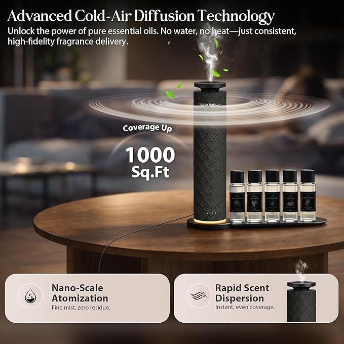 Waterless Scent Diffuser Starter Kit with 5 Oils, Luxury Hotel Style Cold Air Diffuser Oil Machine for Home, 1000 Sq Ft Coverage, Quiet Nebulizing Aromatherapy with Remote, Tower Fabric Design, Black