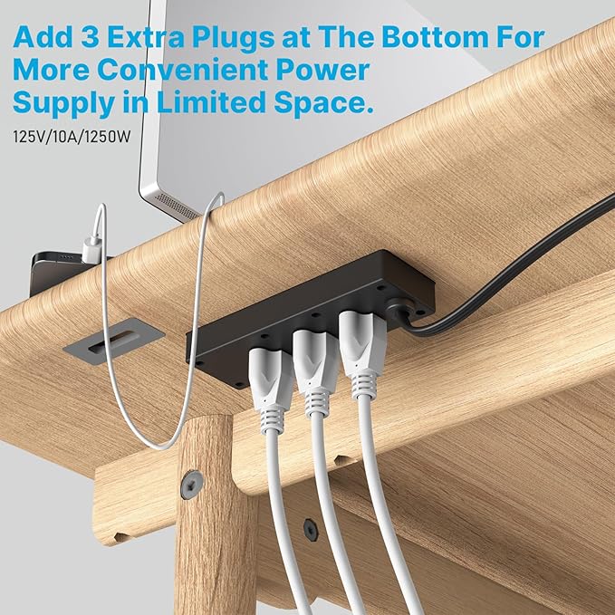 CCCEI 6 Outlets Dual Side Recessed Power Strip with USB C Ports, Furniture Flush Mount, Under Desk, Desk Top Multiple Outlets, Hidden Charging Station for Conference Table, Nightstand, Black. 10FT.