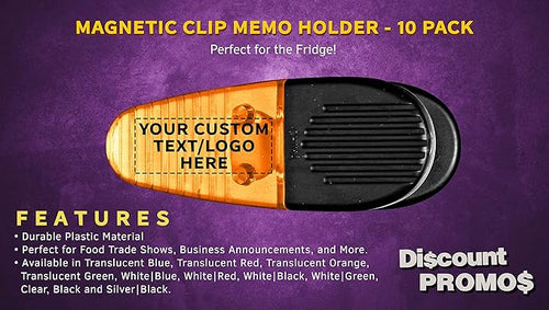 10 Magnetic Memo Holders Set - Customizable Text, Logo - Large Clip, Plastic - Orange