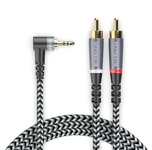 BlueRigger 3.5mm Aux to 2RCA Audio Cable (15FT, 90D Stereo Splitter Y 2RCA Male, Braided, 1/8" RightAngled TRS to RCA, Hi-Fi Sound, Metal Shell) - for Phones, Amplifiers, Tablets, Home Theater, HDTV