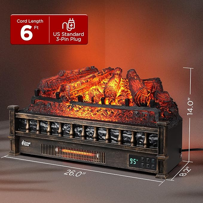 TURBRO Eternal Flame 26 in. WiFi Infrared Quartz Electric Fireplace Log Heater with Sound Crackling, Realistic Pinewood Logs, Adjustable Flame Colors, Remote Control, Thermostat, Timer, 1500W Bronze
