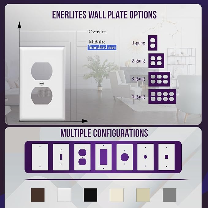 Enerlites 8821-W Duplex Receptacle Outlet Wall Plate, Standard Size 1-Gang, Polycarbonate Thermoplastic, White