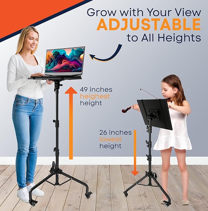 Prozipy Laptop & Projector Tripod Stand Adjustable Height 26 to 51” Wheely Portable Laptop Stand With Gooseneck Phone Holder - For Movie, Meeting, Book, DJ Equiqment
