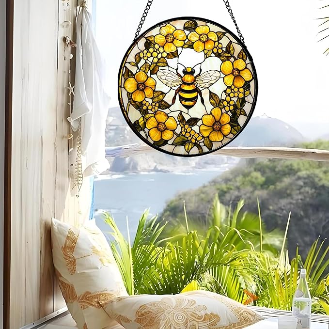 AMDERVEN Stained Glass Window Hanging - Yellow Flowers Surrounded by Bees Sun Catcher for Door Garden Home Decor Cute Suncatcher Christmas Mother's Day Birthday Gifts for Women Men Mom Nana 9.8 in