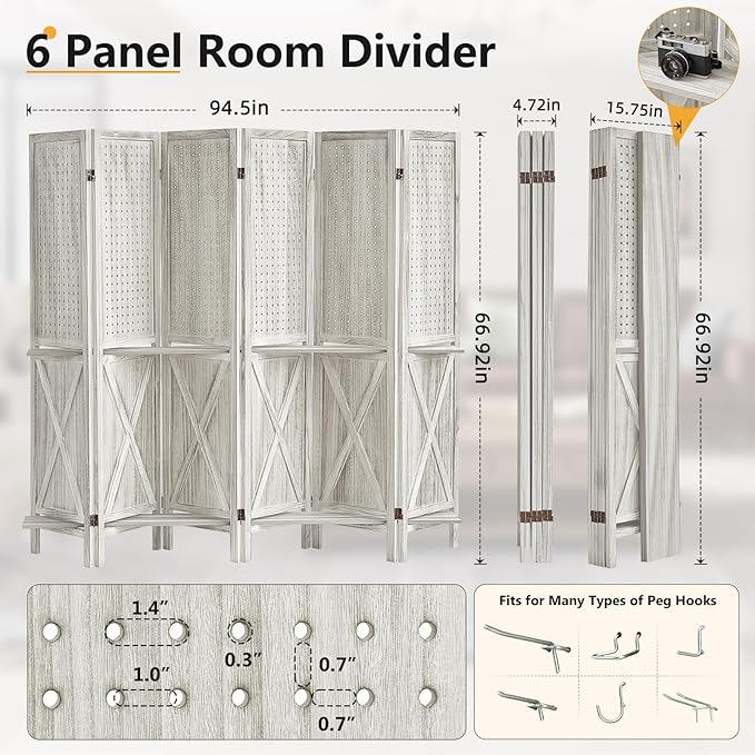 Aleesing 6 Panel Pegboard Display with 24 Hooks, Wooden Pegboard Room Divider Wall with Shelf, Partition Room Dividers and Folding Privacy Screens, Bedroom, Jewelry Store, White