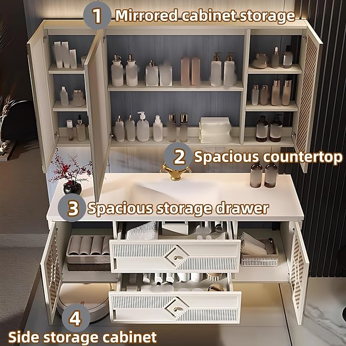 44IN Luxury Floating Bathroom Vanity - Single Sink Bathroom Vanities has Smart Defog Mirror & Slate Countertop | Woven Rattan Perforated Door Panel, LED Lights, 2 Drawers (Style B)