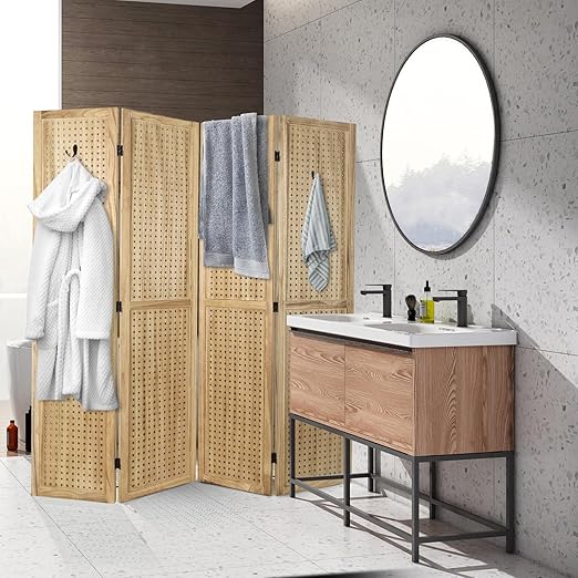 Babion 4 Panel Pegboard Display, Peg Board Room Divider Freestanding Folding Privacy Screens Display Stand for Craft Shows (Natural)