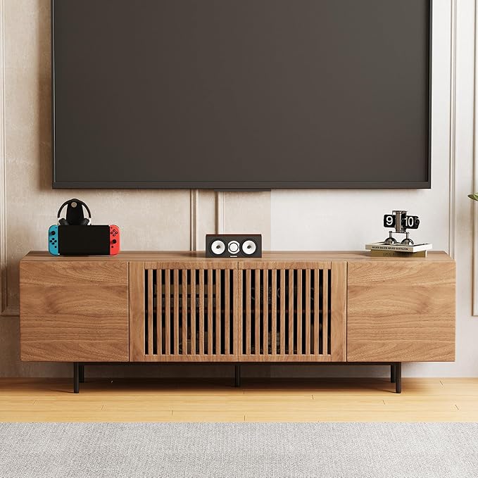 gaoyangjiaju 70.87" Mid Century Modern TV Stand, Walnut Media Console for 70 Inch TVs, Entertainment Cabinet with 4 Storage Compartments for Living Room or Bedroom