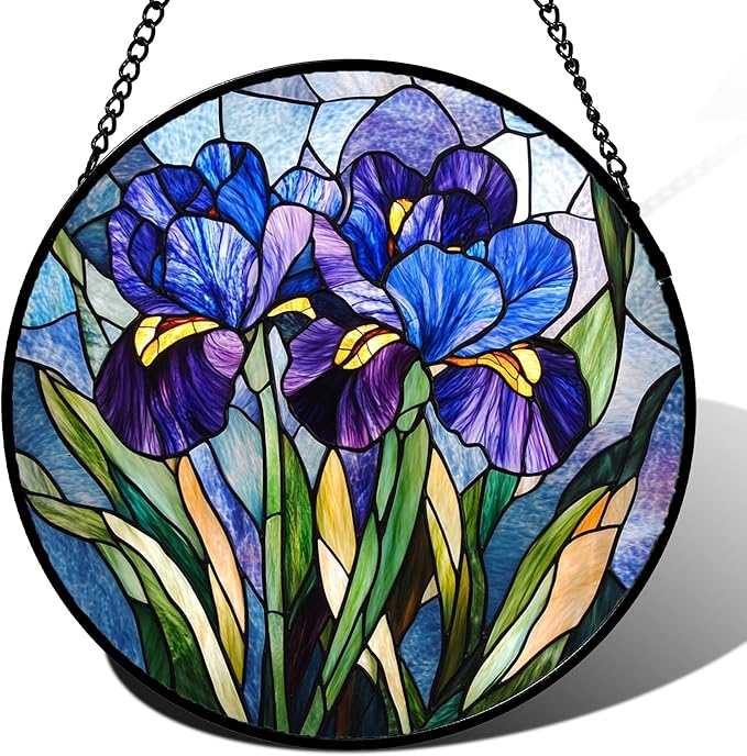 CRISGIF Stained Glass Window Hanging - Blue Purple Iris Flower Suncatcher for Door Garden Patio Sun Catchers Decor Christmas Mother's Day Birthday Gifts for Women Men Mom Nana Aunt Friend 7.8 in