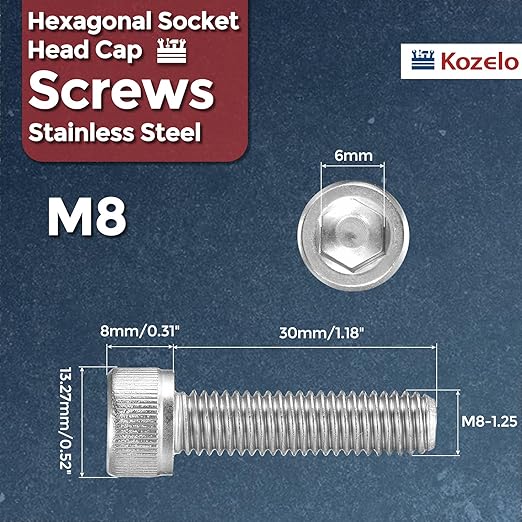 Kozelo 20pcs Socket Head Cap Screws - [M8-1.25 x 30mm] 304 Stainless Steel Allen Socket Drive for Electrical Motor 3D Printing Fan Engine Replacement Use, Silver