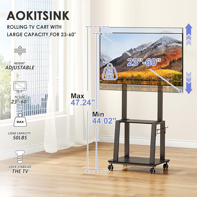 Rolling TV Stand on Wheels for 23-60Inch Flat/Curved Screen TVs,Tilt Mobile TV Cart with 2 Shelves,Portable TV Stand with Adjustable Height Holds up to 50lbs for Indoor Outdoor Max VESA 400x400mm
