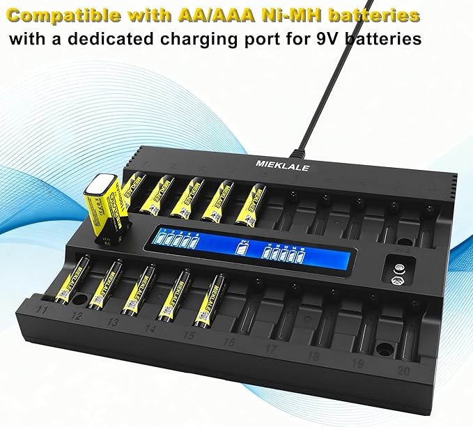 MIEKLALE 20+2 Bay AA AAA Battery Charger with Smart LCD Display Fast Charging for AA AAA NiMH NiCd & 9V Rechargeable Batteries, 2 Separate Charging Slot for 9V Batteries