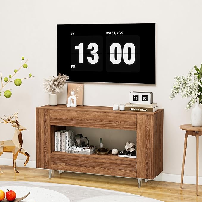 Vavkorkula TV Stand for 55 Inch with 2 Large Drawers & Hidden Storage Cabinets, Modern Farmhouse Entertainment Center Television Stands for Living Room Bedroom, Walnut