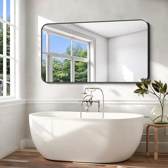 Black Bathroom Mirror, 66x36 inch Aluminum Metal Frame Rectangular Vanity Mirror, Large Wall Mounted Rectangle Mirrors with Rounded Corner for Over Sink Bedroom Living Room Horizontal/Vertical