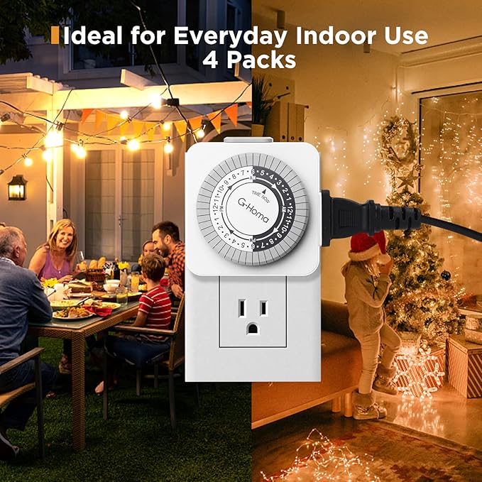 G-Homa Timers for Electrical Outlets 4 Packs,24 Hour Indoor Plug-in Mechanical Timer,30 Minute Intervals, Daily On/Off Cycle,1 Polarized Outlet, for Grow Light,Christmas Lights, Lamps ETL Listed
