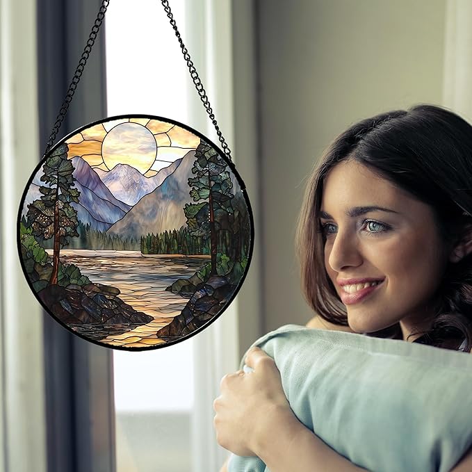 AMDERVEN Stained Glass Window Hanging, Sunset Mountains Lake Tree Sun Catcher for Window Home Decor Landscape Suncatcher Mother's Day Birthday Gifts for Women Men Mom and Nana 7.8 in