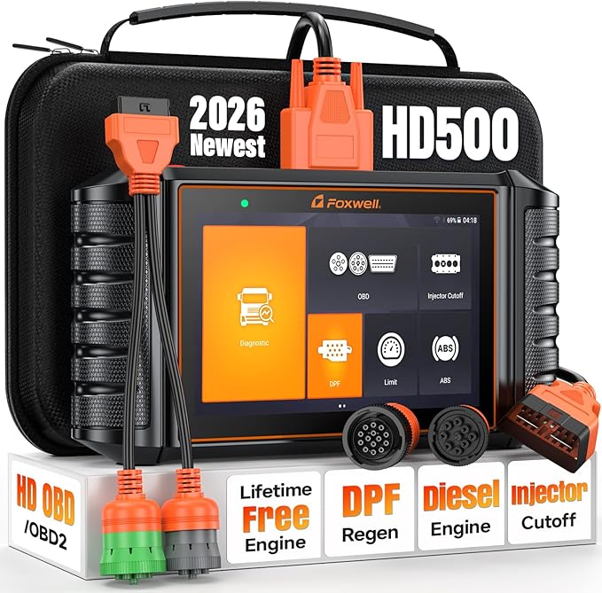 FOXWELL Heavy Duty Truck Scanner - HD500 Diesel Scaner Diagnostic Tool with DPF Regeneration/Injector Cutoff, fit for Cummins, Detroit, Caterpillar, Paccar, Hino, Lifetime Free Update, Orange