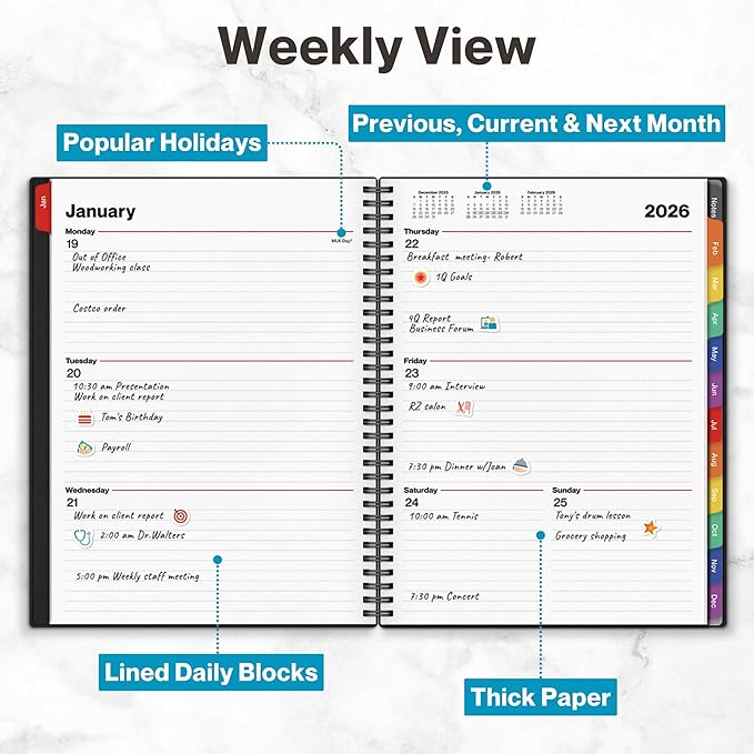 Dunwell 2026 Planner Book 8.5x11, Weekly Monthly Calendar, Jan to Dec, Large Daily Organizer with Colorful Tabs, Bookmark, Notes Section & Stickers