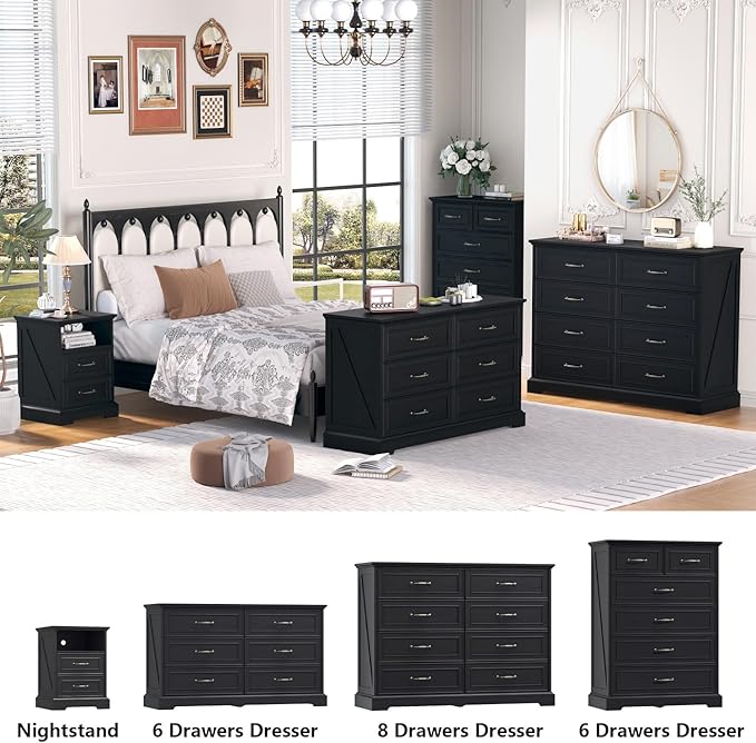 Nightstand with Charging Station,18" Wide End Table with 2 Large Drawers & Metal Handles,Rustic Farmhouse Wood Small Dresser,Bedside Table,Modern Chest of Drawers for Bedroom,Living Room,Black