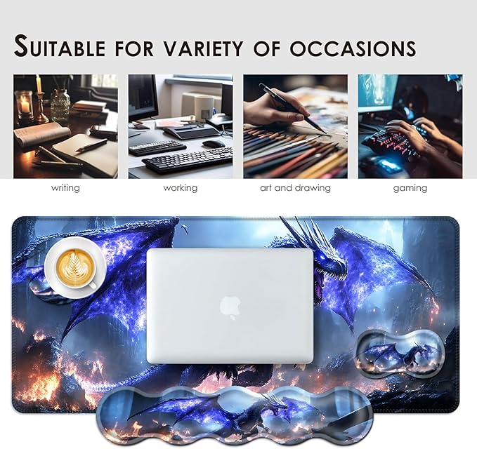 BFUKVOU Large Keyboard Mouse Pad Set, Extended Mouse Pad+Keyboard Wrist Rest Support, Memory Foam Ergonomic Easy Typing, 4Pcs (31.5×11.8 in) Desk Pad Set for Office Home,Fantasy Dragon