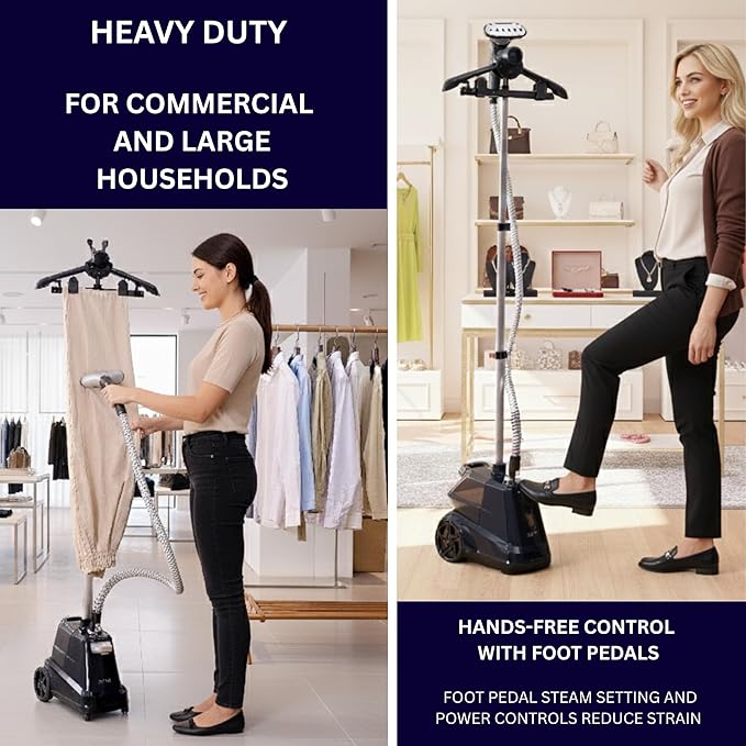 SALAV Heavy Duty Commercial Full-Size Garment Steamer with Foot Pedals and Extra Large 3L (101.5 oz) Water Tank, 1800 watts of Poweful Steam (Navy)