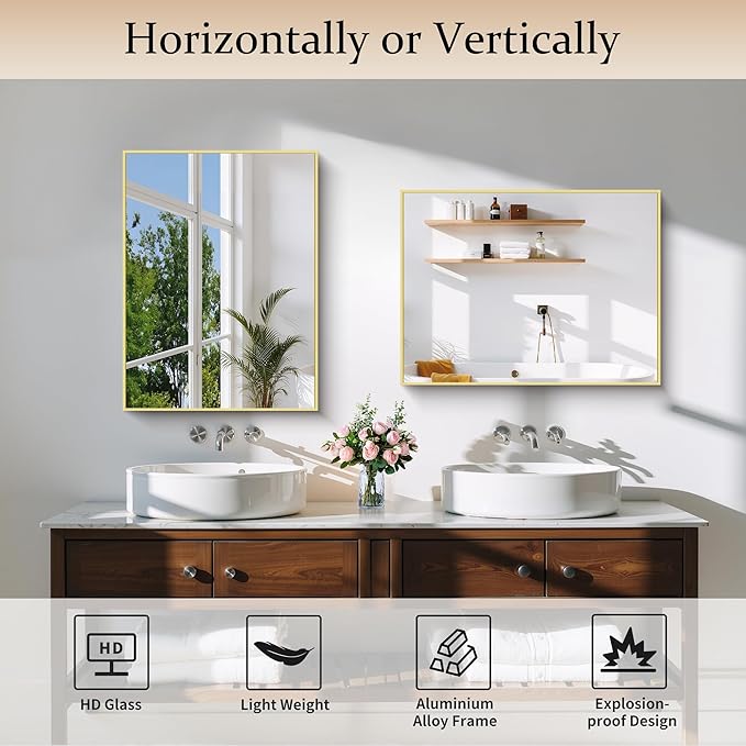 Gold Bathroom Mirror for Wall, 18x24 Inch Rectangle Mirror with Metal Frame, Modern Vanity Mirrors for Bathroom Living Room, Entryway Hangs Horizontal or Vertical