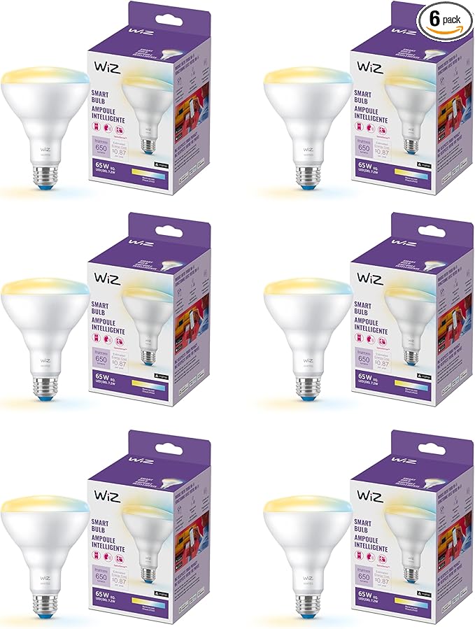 WiZ 65W BR30 Tunable White LED Smart Bulb - Pack of 6 - E26- Indoor - Connects to Your Existing Wi-Fi - Control with Voice or App + Activate with Motion - Matter Compatible