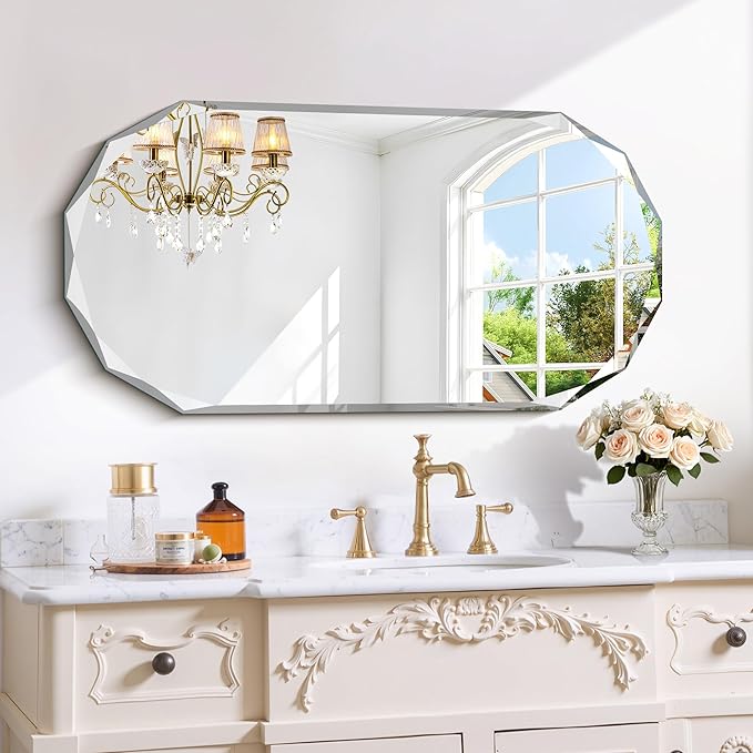 GLASHOM Beveled Edge Frameless Bathroom Mirror, Oval Wall Mirror for Over Sink, 20" x 40" Modern Decorative Vanity Mirror for Bedroom, Living Room,Entryway, Hanging Mirror Horizontal or Vertical