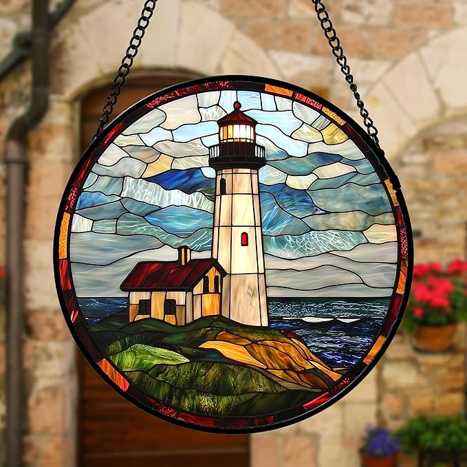 DASTOLL Stained Glass Window Hanging, Ocean Lighthouse Sun Catchers Glass Panel Blue Green Suncatcher Decor for Birthday for Women, Men, Wife, Aunt, and Mom 6.3 in