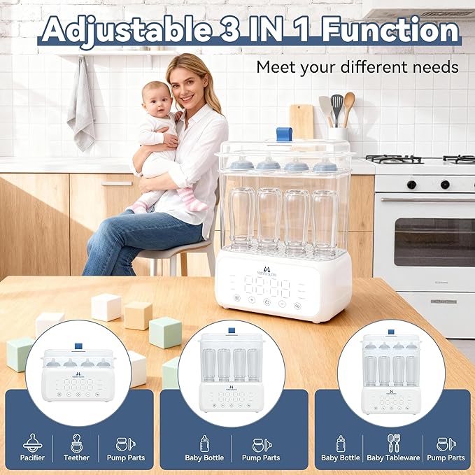 Mammy Bunny 3-in-1 Baby Bottle Sterilizer and Dryer – 6 Smart Modes with Fast Drying, Food Warmer & Storage – Fits 6–8 Bottles, Pacifiers & Pump Parts – BPA-Free