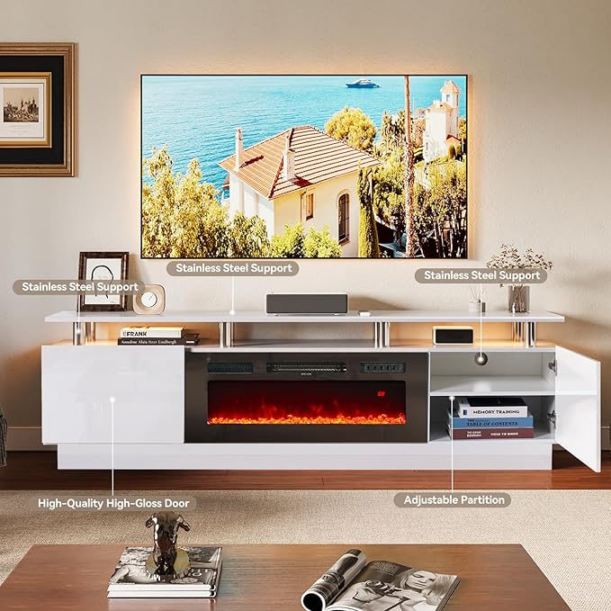 oneinmil Fireplace TV Stand with 36” Electric Fireplace, 80” 2 Tier TV Console Stand for TVs Up to 90"", LED Light Entertainment Center, Fireplace for The Living Room TV Stand, White, H21014WH-80