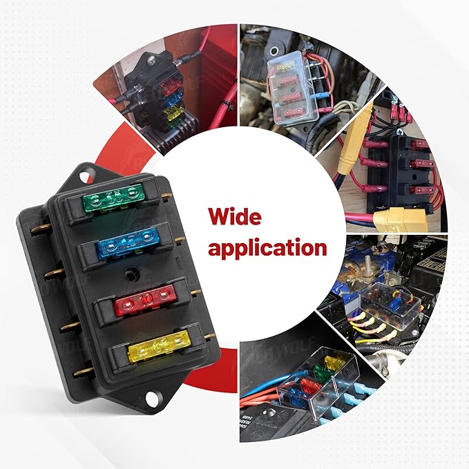 RED WOLF 4 Way Blade Fuse Block Box Holder w/Standard Circuit 10V-32V DC for Automotive Truck Boat Marine RV Van Vehicle Power Distribution Panel Damp-Proof Cover