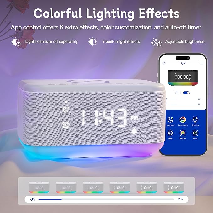 Bluetooth Alarm Clock Radio Bedroom, Digital Dual Alarm Clock Bedroom, Up to 10 Alarms Clock Night Light Speaker App/Button Control FM Charge Snooze Adjustable Brightness Dim 12/24H, White