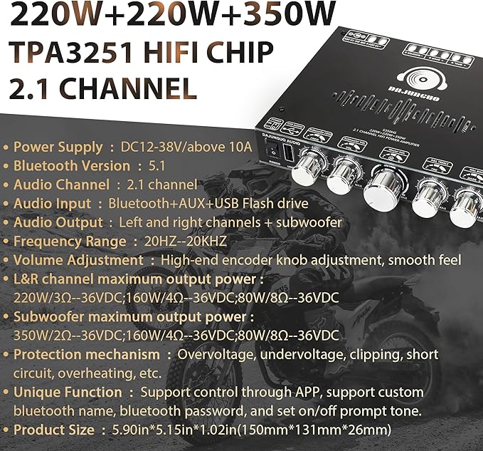 S350HS TPA3251 Bluetooth Power Amplifier Board with Subwoofer 2.1 Channel 220W×2+350W, 12V-38V Audio Power Amplifier Module with Treble and Bass Control,Black (S350HS)